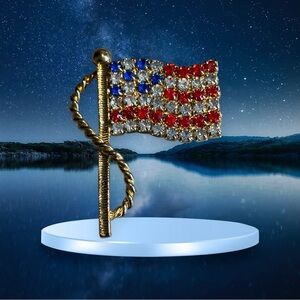 Gold American Flag Brooch with Red, Blue, and Silver Crystals